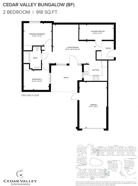 Floor plan for 2 beds, 1 bath, 918 sqft